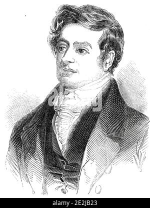 Der verstorbene Viscount Canterbury, 1845. Porträt des britischen Politikers Charles Manners Sutton, 1. Viscount Canterbury, der während einer Zugfahrt krank wurde und starb. "Es wurde dann zum ersten Mal festgestellt, dass er krank war, und er wurde aus dem Wagen gehoben...Herr Howlett, Chirurg... wurde sofort nach ihm geschickt, und nachdem er all die Hilfe in seiner Macht geleistet hatte, schlug er vor, dass seine Taschen durchsucht werden sollten, und sein Karteikasten und seine Karte mit seinem Titel gefunden wurden, Und sein Gepäck mit einem entsprechenden Namen ließ keinen Zweifel daran, wer er war...Es gibt etwas Bedrängliches in den Umständen, die seinen Deat besuchen Stockfoto