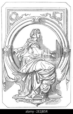 Geistliche Musik, 1845. Bronzetafel, Detail des Beethovendenkmals an den deutschen Komponisten Ludwig van Beethoven in Bonn. Die Tafel zeigt eine mythologische oder allegorische Figur, die die Orgel spielt. Aus "Illustrated London News", 1845, Vol VII. Stockfoto