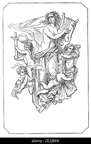 Symphonie, 1845. Bronzetafel, Detail des Beethovendenkmals an den deutschen Komponisten Ludwig van Beethoven in Bonn. Die Tafel zeigt mythologische oder allegorische Figuren. Aus "Illustrated London News", 1845, Vol VII. Stockfoto