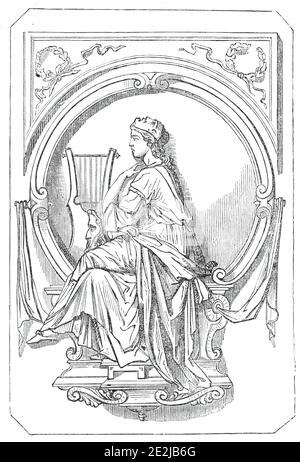 Tragische Musik, 1845. Bronzetafel, Detail des Beethovendenkmals an den deutschen Komponisten Ludwig van Beethoven in Bonn. Die Tafel zeigt eine mythologische oder allegorische Figur mit einer Leier. Aus "Illustrated London News", 1845, Vol VII. Stockfoto