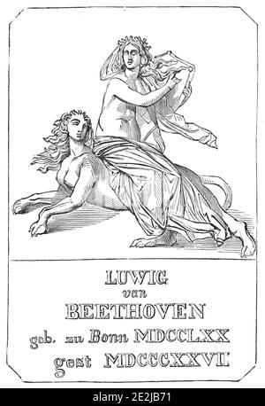 Fantasia, 1845. Bronzetafel, Detail des Beethovendenkmals an den deutschen Komponisten Ludwig van Beethoven in Bonn. Die Tafel zeigt mythologische Figuren, mit Geburts- und Sterbedaten in römischen Ziffern, sein Name ist falsch geschrieben 'Luwig'. Aus "Illustrated London News", 1845, Vol VII. Stockfoto