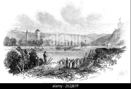 Das Schloss Stolzenfels, am Rhein, 1845. 'Stolzenfels [bei Koblenz in Deutschland] ist viel auf, wegen der feinen Ansicht, die es befiehlt. Es liegt auf einem stausenden Felsen, mit Blick auf den Rhein und das kleine Dorf Kapellen, und fast gegenüber dem Zusammenfluss der Lahn. Seine malerische Umrisse und die beherrschaftliche Lage scheinen den Namen des stolzen Felsens zu rechtfertigen und machen ihn zu einer der imposantesten Feudalruinen am Rhein...vor einigen Jahren wurde er für eine kleine Summe vom heutigen König von Preußen gekauft, Und er hat es restauriert...Es ist wunderschön gelegen, auf einem Steinboden Stockfoto