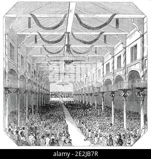 Konzert im Beethovensaal, 1845. Königin Victoria besucht ein Konzert in Bonn bei einem königlichen Besuch in Deutschland. "Das Kunstler-Konzert, das letzte der musikalischen Darbietungen, wurde gestern Morgen um neun Uhr angekündigt. Als ich den Beethovensaal betrat, fand ich ihn überfüllt. Links vom Orchester war für den erwarteten Besuch der Royalty eine Bühne errichtet worden, elegant mit Gläsern, Teppichen, Staatsstühlen usw. ausgestattet. Zehn Uhr jedoch, nachdem er angekommen war und das Publikum ungeduldig wurde, begann [Franz] Liszt seine "Festkantate", komponiert in Hon Stockfoto