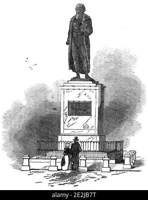 Gutemburg-Statue, Mayence, 1845. Skulptur des deutschen Druckers Johannes Gutenberg in Mainz: "...ein edles Denkmal für Gutemberg, den Erfinder des Druckes, oder zumindest einen von denen, denen diese Erfindung mit der größten Wahrscheinlichkeit zugeschrieben wird - denn es gibt viele Anspruchsberechtigte der Ehre. Die Statue ist eine kolossale, in Bronze gegossene Statue von Crozatier von Paris nach einem Modell von Thorwaldsen. Der Sockel ist aus Marmor, aus den Steinbrüchen von Lahn; die vier Gesichter tragen Flachreliefs, in Bronze...die Statue steht dem Theater gegenüber und ist auf einem der besten Plätze in Mayence'. Aus "Illustrated Lond Stockfoto