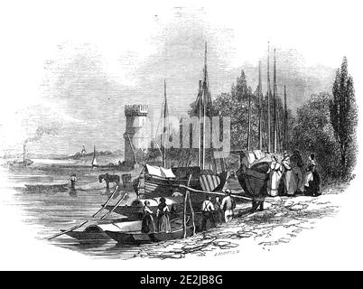 Bayen Thurm, Köln, 1845. Boote auf dem Rhein bei Köln in Deutschland, mit dem Bayenturm im Hintergrund. '...die malerische Flusslandschaft der Vororte und ihre industrielle Bevölkerung; denn sie kümmern sich um Angelegenheiten von mehr Bedeutung als Tanzen und Biertrinken an den Guinguettes. In der Ferne sieht man einen Dampfer, seltsam jottern mit der römischen Kolonie [der Turm stammt aus dem Jahr 1220], und die Zeiten, als Köln wurde als "das Rom des Nordens"'. Aus "Illustrated London News", 1845, Vol VII. Stockfoto