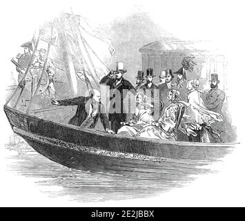 Dampfschiff Ihrer Majestät, "die Fee", am Rhein, 1845. Königin Victoria und Prinz Albert bei einem königlichen Besuch in Deutschland. '...Ihre Majestät und Suite an Bord des Feen-Dampfschiffes, skizziert von einer erhöhten Position am Ufer. Die Königin sitzt in einem Armstuhl auf Deck, und der König von Preußen [Friedrich Wilhelm IV.] weist auf die Nachricht Ihrer Majestät einige der vielen bemerkenswerten Objekte auf diesem rechten königlichen Fluss hin. Rechts von der Königin ist Prinz Albert; der Souverän wird von einem einzigen Generaloffizier in Uniform besucht. Die Szene vermittelt eine korrekte Vorstellung von der gesamten Abwesenheit von sta Stockfoto