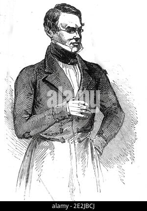 Herr Miall, 1845. Der britische Politiker Edward Miall, Kandidat für den Londoner Stadtteil Southwark. 'M Herr Miall, der dritte Kandidat, schien keine Erfolgschance von der Eröffnung der Umfrage zu haben; wenn der Stimmenkampf zwischen Herrn Pilcher und Sir W. Molesworth war, so war der Wortkrieg hauptsächlich zwischen dem Hon. Baronet und Herrn Miall; Sie führten auf der großen Hobbes Kontroverse oben angedeutet. Herr Miall ist der Herausgeber des Nonkonformisten und ein Gegner aller kirchlichen Einrichtungen und Stiftungen." Die Wahl wurde von William Molesworth gewonnen. Aus „Illustrated London News“, Stockfoto