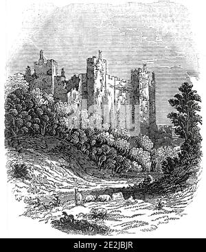 Framlingham Castle, 1845. Normannisches Schloss in Suffolk. "Diese malerische Ruine einer Festung des Mittelalters, steht auf der Nordseite der Stadt Framlingham, 18 Meilen nordöstlich von Ipswich. Die äußere Wand steht: Ihre Form ist unregelmäßig, nähert sich einem Kreis, und sie wird in Abständen von quadratischen Türmen, 13 in der Zahl verstärkt. Die Mauer ist 44 Meter hoch und 8 Meter dick; die Türme steigen auf eine Höhe von 58 Meter. Das Haupttor ist auf der Südseite, gegenüber der Stadt, und wird mit den Armen der Hauptfamilien, die das Schloß besessen haben, modelliert. Es gibt einige Überreste Stockfoto