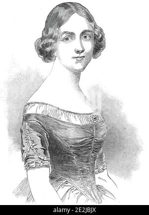 Jenny Lind, die gefeierte schwedische Sängerin, 1845. Porträt der Sängerin: "Jenny Lind hat eine Stimme von außergewöhnlichem Kompass, der einzige Defekt, in dem ein Mangel an Volumen im mittleren Teil des Registers ist. Ihre oberen Noten sind köstlich, so klar wie eine Glocke, und sie wärmt mit der Einrichtung einer Nachtigall. Während ihre Hinrichtung von der brillantesten Art ist, kann nichts an die vorzügliche Anständigkeit und Anständigkeit ihrer Kadenzen herangehen; sie kommen immer im glücklichen Moment herein; sie opfert niemals Sinn, um zu klingen...Ihr Shake ist perfekt - wirklich wunderbar - und beweist, dass sie eine Intuition haben muss Stockfoto