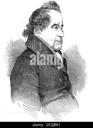 Der verstorbene Earl Spencer - aus einer aktuellen Fotografie, 1845. Porträt des britischen Politikers John Charles Spencer, 3. Earl Spencer. "Earl Spencer nahm großes Interesse an landwirtschaftlichen Aktivitäten, und bis zu einer neueren Zeit hielt das Amt des Präsidenten der Royal Agricultural Society. Seine Herrschaft wurde für die reinen Rassen von Rindern gefeiert, die er besaß, Und war häufig ein erfolgreicher Konkurrent auf den Ausstellungen des Smithfield Clubs, dessen Präsidentschaft durch seinen Tod vakant wird...für seine Befürwortung von Freihandelsprinzipien wurde ein Versuch unternommen, ihn aus der Präsidentschaft der Royal AG auszustoßen Stockfoto