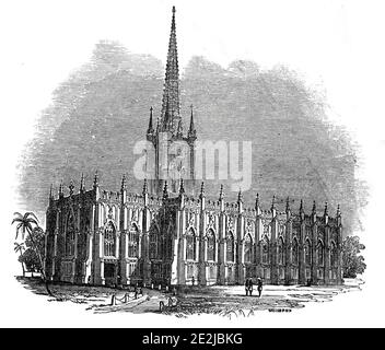 St. Paul's Cathedral, Kalkutta, 1845. Neue viktorianische gotische Kirche in Indien. '...der Architekt ist Oberst Forbes, der Ingenieure. Der Stil der Architektur ist gotisch, oder, wie Mr. Britton es bezeichnet, christlich, modifiziert durch Umstände, das heißt, indo-gotisch, oder Indo Christian, wenn solche Worte erlaubt werden...'. Daniel Wilson, Bischof von Kalkutta, schrieb: "Meine Wertschätzung für die spirituelle Bedeutung der Kathedrale als den ersten Beginn eines indigenen Ministeriums und die erste missionarische Institution, die nicht von Freunden und Gesellschaften in der Heimat abhängig ist, ist höher als je zuvor Stockfoto