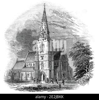 Neue Kirche in Swindon, auf der Großen Westbahn, 1845. St Mark's Church in Swindon, Wiltshire, entworfen von George Gilbert Scott I und William Bonython Moffatt. "Die Kirche ... wurde komplett aus Stein gebaut, unter der Aufsicht der Herren Scott und Moffatt. Es ist im dekorativen Stil des vierzehnten Jahrhunderts, mit Gängen, Klerestory, Kanzel Turm und Kirchturm. Die gesamte Struktur ist 140 Meter hoch und bietet Platz für achthundert Personen, alle Sitzungen sind völlig frei. Die geschätzten Kosten liegen zwischen &#xa3;5000 und &#xa3;6000. Im Süden der Kirche, ein geräumiges Stück o Stockfoto