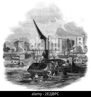 Tag des Oberbürgermeisters - der Barge der Stationers' Company am Lambeth Palast, 1845. Jährliche Flottille von Booten auf der Themse in London. "Am Morgen des denkwürdigen Neunten November war es üblich, dass die Stationers' Company den Oberbürgermeister in ihrem herrlich vergoldeten Lastkahn nach Westminster besuchte; und den Fluss in ihrem Lastkahn zum Lambeth Palace überquert. Bei ihrer Ankunft, einige Mitglieder des Haushalts seiner Gnade der Erzbischof von Canterbury an Bord der Barge kommen, und bringen mit ihnen heiß gewürzt Ale, Brötchen und Kuchen, und eine Menge Wein, womit die würdigen "Stationers" Stockfoto