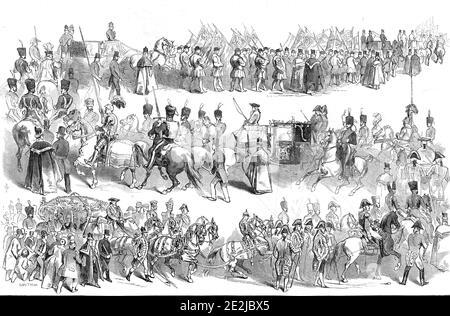 Die Show des Oberbürgermeisters, 1845. Jährliche Feier zur Einweihung eines neuen Oberbürgermeisters von London: Der Spektakelmacher John Johnson wurde 1845 gewählt. Neben dem Staatscoach des Oberbürgermeisters bestand die Prozession aus Livreen, Wassermännern, Herolden, Reitern in historischer Tracht einschließlich Rittern in Rüstung, Husaren, Ratsmännern und Beamten. "Der gewählte Oberbürgermeister wurde durchweg mit jeder Demonstration von Respekt und gelegentlich mit beträchtlichem Jubel empfangen; nicht so sein Vorgänger. Daher an verschiedenen Punkten der Route, vor allem bei Walbrook und der Kreuzung von Cheapside mit St Stockfoto