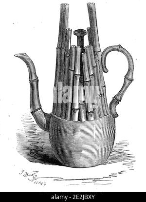 Seltene chinesische Kaffeekanne, 1845. Gegenstand aus der Sammlung des britischen Kritikers, Reiseschriftstellers und Sklavenbesitzers William Beckford, der auch ein Kunstsammler und Mäzen von dekorativen Kunstwerken war. Nach seinem Tod wurde die Sammlung in seinem Haus Lansdown Tower vor Bath zum Verkauf gestellt. "Der Katalog zählt rund 650 Lose, einschließlich prachtvolle Möbel, Schränke, Gemälde, antike Edelsteine, Münzen, Achate, Mosaiktische, Skulpturen, etruskische Vasen, seltene Gold Japan, und was als "unvergleichliches china" beschrieben wird...die chinesische Kaffeekanne, Bambus-Muster, ist neugierig und selten; jedes Schilf ist Perfora Stockfoto