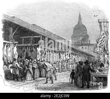Newgate Market, am Heiligabend, 1845. Fleischgerichte zum Verkauf auf einem Londoner Straßenmarkt. "Hier haben wir den großen Newgate Meat Market, wo ein großer Teil der Millionen und eine Hälfte der Schafe verkauft wird, und zweihunderttausend Rinder, die jährlich in dieser riesigen Metropole konsumiert werden". Aus "Illustrated London News", 1845, Vol VII. Stockfoto