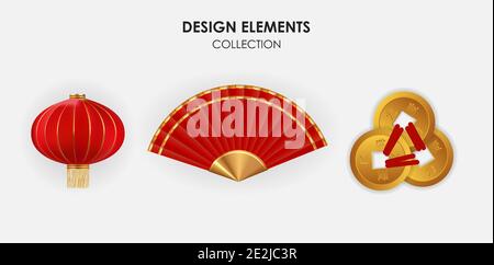 Realistische 3d chinesische Holiday Design Elemente: Hängende Laternen, Fächer und Goldmünzen Sammlung Set. Vektorgrafik Stock Vektor