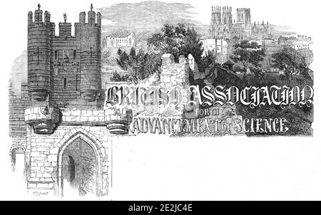 York Minster und die Stadtmauer, 1844. "Das vierzehnte Jahrestreffen der British Association for the Advancement of Science ist jetzt in der alten Stadt York versammelt, an dem Ort, an dem die Öffentlichkeit wird sich erinnern, das erste Treffen der Association statt. Die Lokalität ist eine bewundernswerte für den Zweck, gut geeignet in Bezug auf die Interessen vieler wichtiger Grafschaften, und bewundernswert berechnet, um reichlich und lehrreiche Unterhaltung zu den Besuchern zur Verfügung zu stellen. In der Tat, nur wenige Stellen gleichen es in antiquarischen oder geologischen Interesse. Unsere Überschrift zeigt eine allgemeine Ansicht von York, kombiniert mit Stockfoto