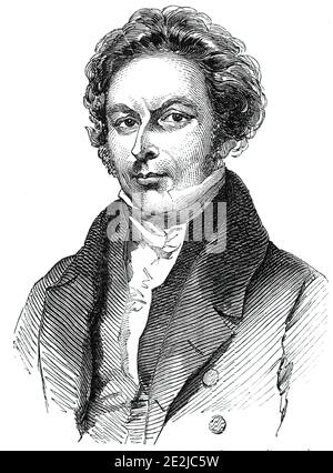 Der verstorbene Herr Thomas Hudson, 1844. Portrait of Hudson, a British Writer and Performer of Comic Songs - einer der frühesten gutgeschriebenen Songwriter in der Musikhalle Tradition. "Dieser gefeierte Liedermacher, der durch seine komischen Ergüsse "nicht den Tisch in ein Brüllen stellen wollte",...commenced bei privaten Parties seine eigenen Lieder sang; bald darauf schrieb er Texte für die Besitzer der Vauxhall Gardens. Ungefähr zu dieser Zeit begann er seine Lieder periodisch zu veröffentlichen...', sie werden durch ihren Spaß empfohlen, "mit Unvoreinigkeit unterdrückt"'. Aus „Illustrated London News“, 1844, Stockfoto