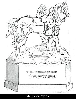 Preisplatte - "The Cup", 1844. Pferderennen Trophäe als Preis auf Goodwood Racecourse: "...eine Gruppe in Silber, nach einem Entwurf von Herrn F. Howard, das Pferd von Herrn Macarty modelliert, Und das ganze unter der Aufsicht von Mr. Baily, R. A. die Komposition stellt eine bekannte Passage, in der Flucht von Charles II, aus den Cromwellites, nach der Niederlage der Royalisten, in der Schlacht von Worcester. Die Passage in den gefährlichen Abenteuern der "unkingship", ist, dass, in dem Charles, verkleidet als Diener, war Reiten aus dem Haus des Col. Lane auf das Meer-c Stockfoto