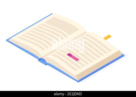 Buch isometrisch öffnen. Papierseiten mit Text, Bild und Lesezeichen für Bildung und Lesekonzept. Stock Vektor