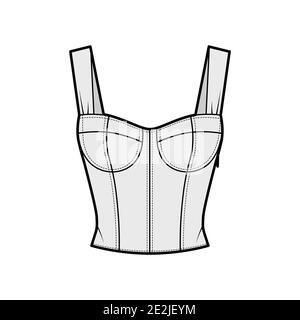 Jewel Cropped geraffte Korsett-Stil gesmokte Top technische Mode Illustration mit gemoldeten Cups, enge Passform, geraffte Rückseite. Flache Bekleidungsvorlage vorne, grau. Frauen, Männer, Unisex-Shirt CAD mockup Stock Vektor