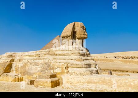 Seitenansicht der ikonischen Monumentalskulptur, der Großen Sphinx von Gizeh mit der Großen Pyramide von Khufu (Cheops) dahinter, Gizeh Plateau, Kairo, Ägypten Stockfoto