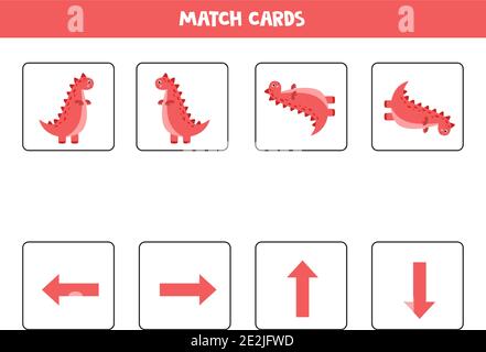 Räumliche Orientierung mit niedlichen Dinosaurier Tyrannosaurus. Links, rechts, oben oder unten. Lernspiel. Stock Vektor