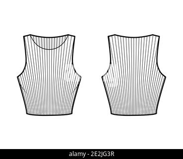 3/4-Tanktop aus geripptem Baumwoll-Jersey mit technischer Fashion-Illustration mit schmaler Passform, Taillenlänge und Rundhalsausschnitt. Flach außen oben Bekleidungsvorlage vorne, hinten, weiß. Frauen Männer Unisex Hemd Strick CAD Stock Vektor