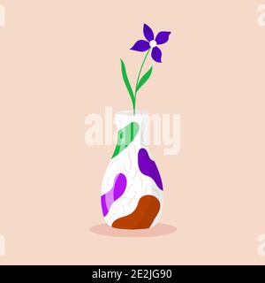 Vase mit Frühling wild und Garten blühenden Blumen mit anderen Dekorelementen isoliert auf Hintergrund. Flaches Design. Papierschnitt. Handgezeichnete Kanne Stock Vektor