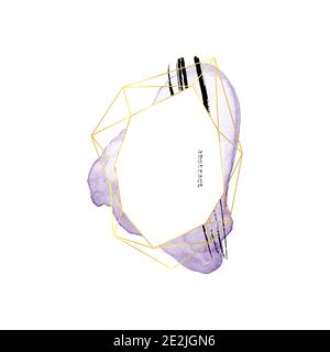 Handgezeichneter abstrakter polygonaler goldener Rahmen. Minimale geometrische Karte mit violettem Lack waschen. Abstraktionsbanner oder Poster mit Pinselstrichen und Formen Stock Vektor