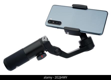 Ein weißes Hintergrundbild eines Smartphone Gimbal. Wird für fließende Bewegungen beim Filmen verwendet. Stockfoto