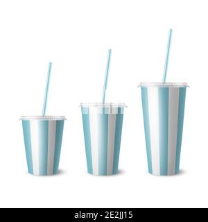 Vector 3d realistisches Weiß, blau gestreiftes Papier Einweg-Cup-Set, Deckel, Stroh. Getränke, Getränke, Kaffee, Soda, Tee, Cocktail, Milchshake. Design Stock Vektor