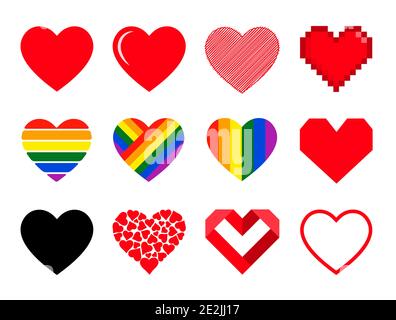 Vektorherzen Symbole gesetzt. Liebe Symbol. Valentinstag Zeichen, Emblem isoliert auf weißem Hintergrund. Stock Vektor