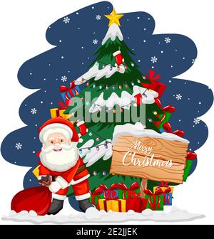 Weihnachtsmann mit weihnachtsbaum und Schneemann bei Nacht Illustration Stock Vektor