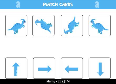 Räumliche Orientierung mit niedlichen Dinosaurier. Links, rechts, oben oder unten. Lernspiel. Stock Vektor