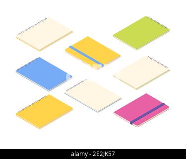 Notizbuch isometrischer Satz. Verschiedene Papier-Notizblöcke mit Spirale und Hardcover. Stock Vektor