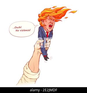 Donald Trump in Form einer flammenden Fackel. Vektor politische Karikatur über provozieren.Protester Hand hält eine Figur des ehemaligen US-Präsidenten. Stock Vektor