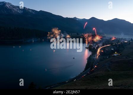 Feuerwerk am 4. Juli, Wallowa Lake, Oregon. Stockfoto