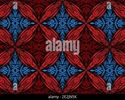 Doodle Blumenmuster mit Ornamenten. Färbung Kaleidoskop Tapete. Vektor rot und blau natürliche Textur. Stoff mit Boho-Blütenblättern. Geometrische Ornamente Stock Vektor