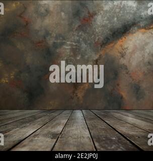 Zimmer Platz Hintergrund mit braunem Holzboden und Zement lackiert Wand mit Mustern Stockfoto