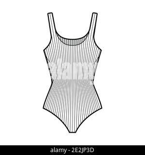 Body aus geripptem Baumwoll-Jersey-Tank mit technischer Fashion-Illustration mit taillierter Strickbody, ärmellos. Flach außen Cami Bekleidungsvorlage vorne, weiß. Damen Herren Unisex TOP CAD Mockup. Stock Vektor