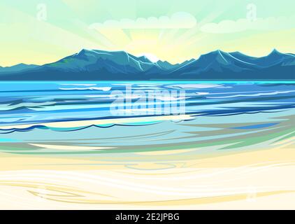 Am Meer. Surflinie. Meer und Wellen. Am Horizont gibt es eine felsige Küste. Flache Illustration. Sandstrand. Vektor Stock Vektor
