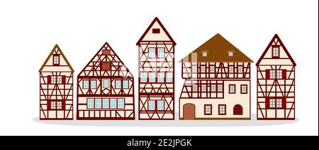 Satz von alten deutschen Häusern mit roten Holzbalken und beige Elemente. Farbige Fachwerkgebäude. Flache Fassaden von europäischen Rahmenhäusern, Hütten. Stock Vektor