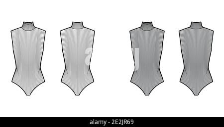 Gerippter Body aus Baumwoll-Jersey mit Rollkragen, technische Fashion-Illustration mit taillierter Strickbody, ärmellos. Flach außen Bekleidungsschablone vorne, hinten, weiß, grau. Damen Herren Unisex TOP CAD Mockup Stock Vektor