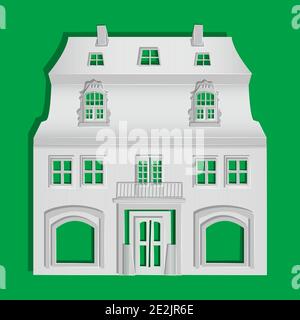 Papierhaus isoliert auf grünem Hintergrund. Origami Stadtgebäude. Cottage außen aus weißem Papier geschnitten Kunst und Handwerk Stil Design. Vektorgrafik Stock Vektor