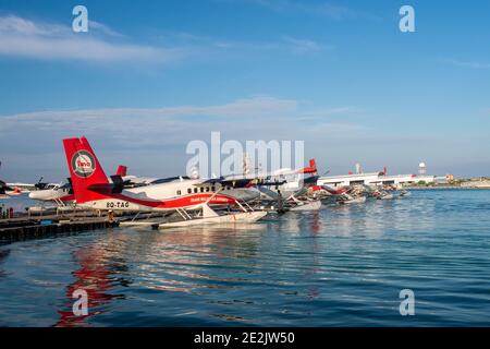 Männlich, Malediven, 20.11.2020. Trans Maldivian Airways Terminal und Dock, mit Wasserflugzeugen Twin Otter Series 400 Flotte angedockt. Stockfoto