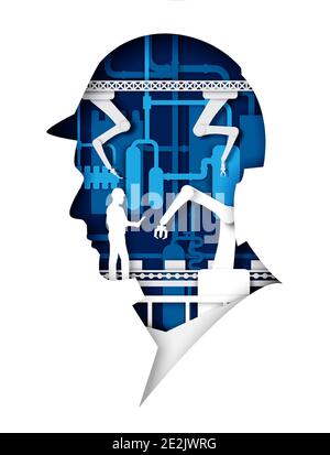 Papier Schnitt Arbeiter Kopf Silhouette mit Förderband, Roboterarme, Linienbediener, Vektor-Illustration. Automationsanlage. Stock Vektor