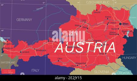 Österreich Land detaillierte editierbare Karte mit Städten, Straßen und Eisenbahnen. Vector EPS-10-Datei Stock Vektor