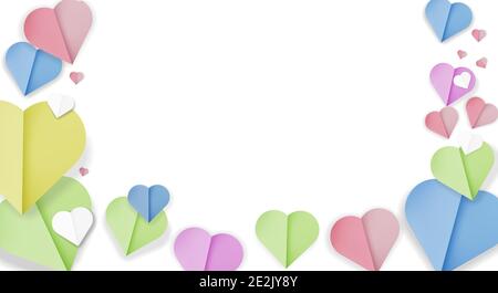 Rahmen aus gefaltetem Papier schneiden Herzen in verschiedenen Pastellfarben Isoliert auf weißem Hintergrund Vektorgrafik Stock Vektor